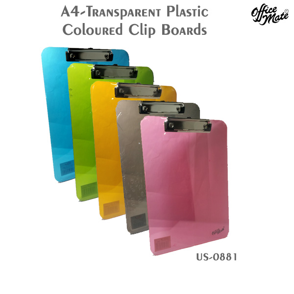 US 0881 Plastic Trans Clip Board Pink / Green / Blue