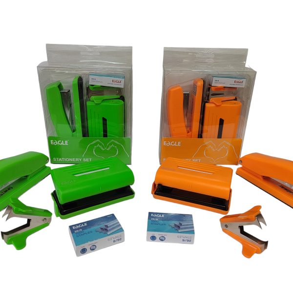 S10002 NEON EAGLE STATIONERY SET (STAPLER / PUNCH / STAPLE REMOVER/ STAPLES)
