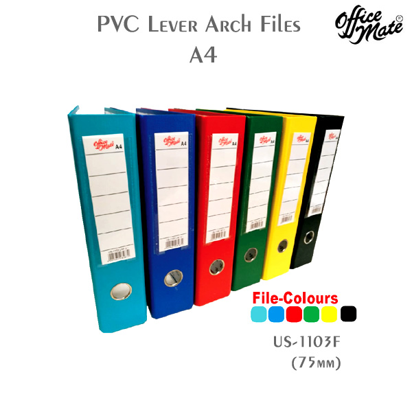 US 1103LAF Lever Arch Files 75mm PVC Black / Blue / Red / Yellow / Green / Turquoise / Purple